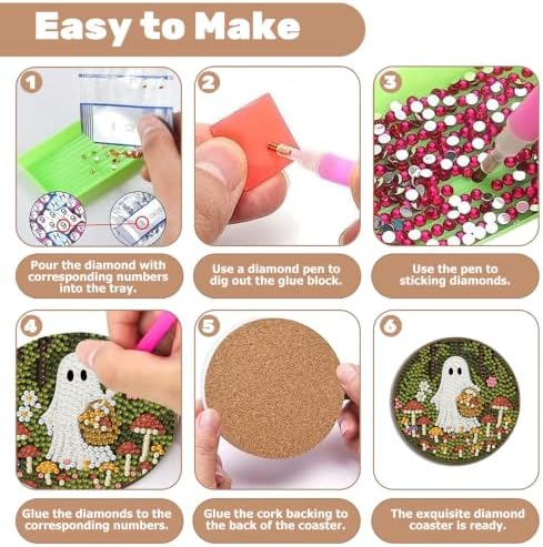 8 Pcs Halloween Diamond Art Coasters Kits, Ghost Diamond Painting Coasters