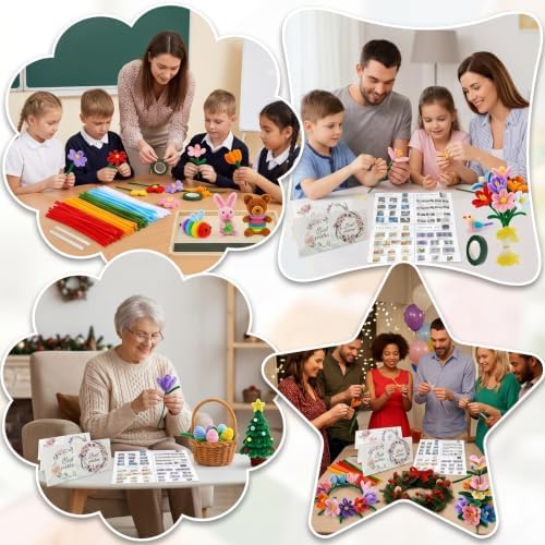 800 PCS Pipe Cleaners Flower Kit - 8 Colors Thickened Chenile Stems Craft Kit with Stems, Tape, Stamens, Manual, Greeting Card, Beauty DIY Flowers Gifts for Family Crafts, Party Holiday Decor