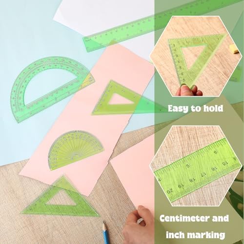 Tenare 6 Pcs Math Geometry Ruler Set, Protractor Triangle School,Green