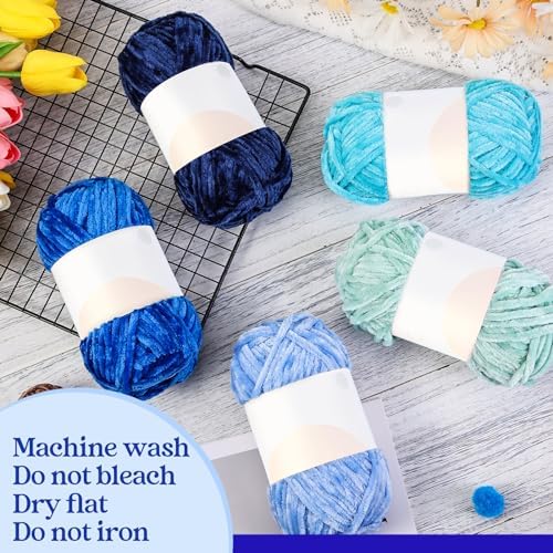 Woanger 20 Skeins Chenille Yarn Bulk for Crochet Knit 2000g, Blue Tone