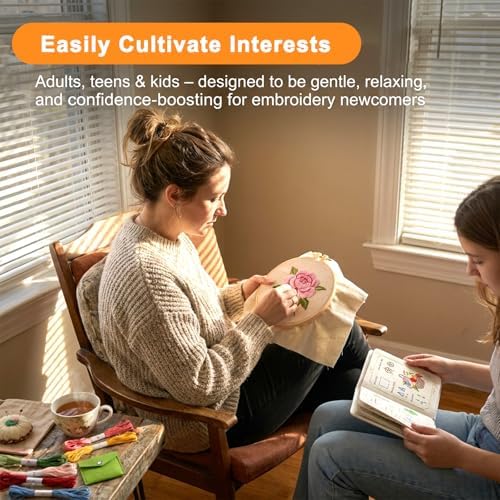 Beginner Embroidery Stitch Book Kit with Fabric Pages, 32 Essential Stitches, All-in-One Hand Embroidery Book for Adults & DIY Craft Lovers, with sewing kit, Needles & Tools, Drawstring Bag