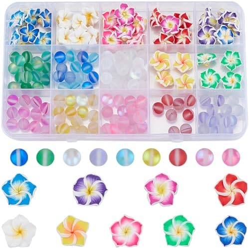 SUNNYCLUE 1 Box 150Pcs 6 Sets Flower Bracelet Making Kit Plumeria Flowers Beads with 10m Crystal String Summer Hawaii Ocean Beach Moonstone Beads for Jewelry Making Adults Supplies Adults Beginner