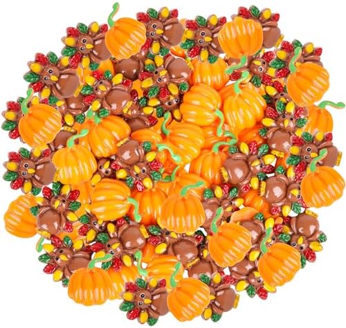 FOIMAS Thankgiving Resin Flatback Charms,50pcs Pumpkin Turkey Embellishment Resin Miniatures for Fall Thanksgiving Ornament Decoration Supply