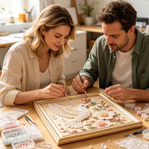 Pearl Art Kits for Adults Bird Flower DIY Beaded Embroidery Kits with Crystal Rhinestones Pearl Painting Craft Kit with Pre-Printed Canvas Handmade Home Wall Decor Gift (White Bird)