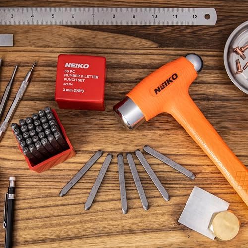 NEIKO 02631A Number and Letter Punch Set with Heat-Treated Steel Punches, Imprinting & Arts and Crafts, 1/8" (3 MM) Shaft, 36 Pc Stamp Set, Uppercase Letter & Number Punch Set (A-Z / 0-8 / "&")