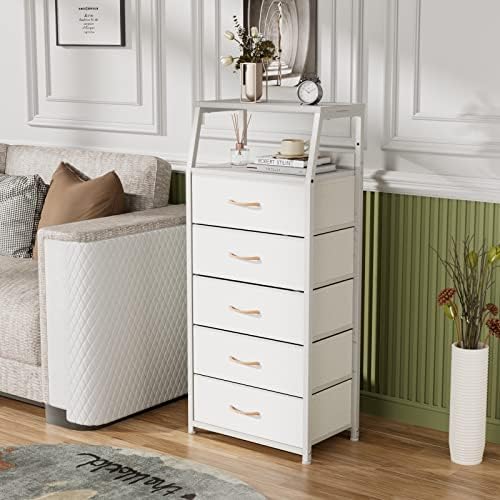 Furnulem White Tall Dresser for Bedroom, 5 Fabric Bins Tall Nightstand