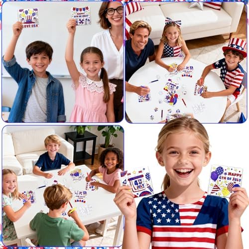 24 Sets 4th of July Patriotic Crafts for Kids, Independence Day Crafts Activities DIY Puzzle Kits Red White Blue Flag Star Memorial Day Jigsaw Painting Arts for Party Favors Gift Supplies Coloring Toy