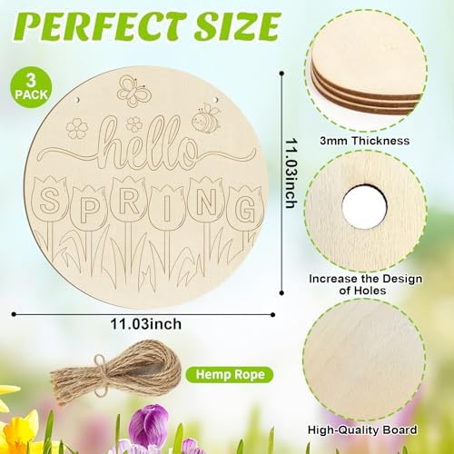 Large Size 12" Wooden Spring Ornaments to Paint, Flower Wooden DIY Blank Unfinished Round Wood Discs Ornament for Crafts Hanging Decorations(3PCS)