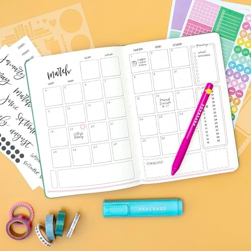 PAPERAGE Bullet Journal Kit, Dotted Journaling Set & Stationary Kit, Hardcover Dotted Journal Notebook (Lavender), 12 fineliner Pens, 8 Sticker & 3 Stencil Sheets, 6 Washi Tapes