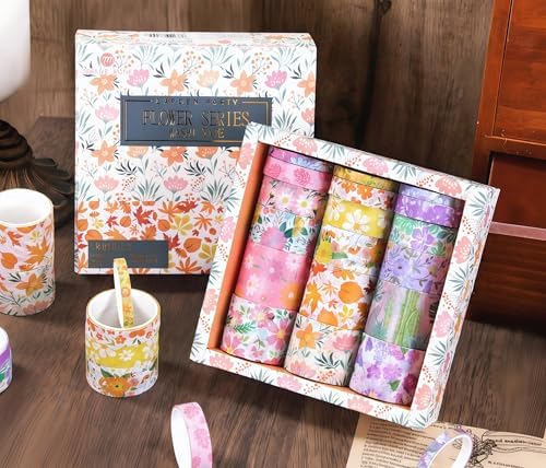 Washi Tape Set, 18 Rolls Washi Stickers, Assorted Sizes, for Junk Journal Scrapbook Tape, Bullet Journaling Scrapbooking Supplies, Planner Sticker DIY Craft DéCor (Floral)
