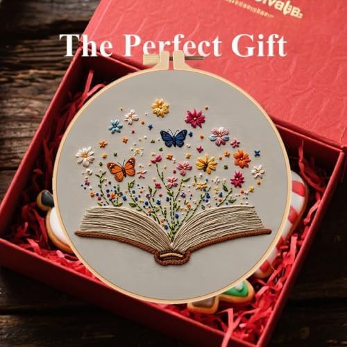 Konrisa Stamped Embroidery Kit with Butterfly Scenery Book Flower Pattern, Embroidery Starter Kit DIY Sewing Practice, Cross Stitch Kit,Set of 3