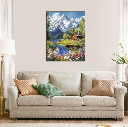Accompany Wind Mountain Diamond Art Kits for Adults, 5D Mountain Cabin Landscape Diamond Painting Kits for Beginners,DIY Round Full Drill Diamonds Gem Art Crafts for Home Wall Decor Gifts 12x16 Inch