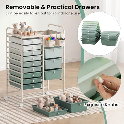 GOFLAME 14-Drawer Rolling Storage Cart with Pegboard, Craft Storage Cart with Lockable Wheels and Metal Frame, Art Cart Supply Storage Organizer for Home Office Classroom, Green Gradient