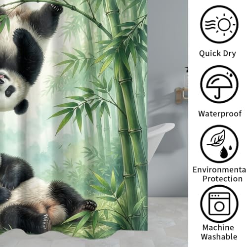 Oil Painting Animal Panda 4Pcs Shower Curtain Sets,Watercolor Spring Forest Bamboo Trees Bathroom Decor Set,Funny Cute Panda Bears Toilet Lid Rug, Bath Mat and Contour Mat
