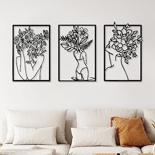 CHENGU 3 Pieces Metal Minimalist Abstract Woman Wall Art Line Drawing Wall Art Decor Single Line Female Home Hanging for Kitchen Bathroom Living Room