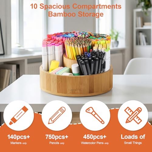 Marker Organizer Rotating Bamboo Desk Organizer, Silent 360° Rotation Caddy, 10 INCH LARGE Art Supply Caddy Holds 140+ Markers, 750+ Pencils for Home Office, Classroom, Birthday Gift, 10 Compartment