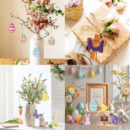 48Pcs Paintable Wooden Easter Ornaments Unfinished Wood Cutouts for Crafts DIY Eggs Bunny Butterfly Chick Carrot Painting for Crafts Hanging Wood Slices Spring Party Decoration