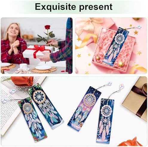 4 Pieces 5D Diamond Painting Bookmarks for Adults, Dreamcatcher Rhinestone Bookmarks with Tassels, DIY Handmade Diamond Art Bookmark Craft Kit, Unique Book Marks Set for Book Lovers
