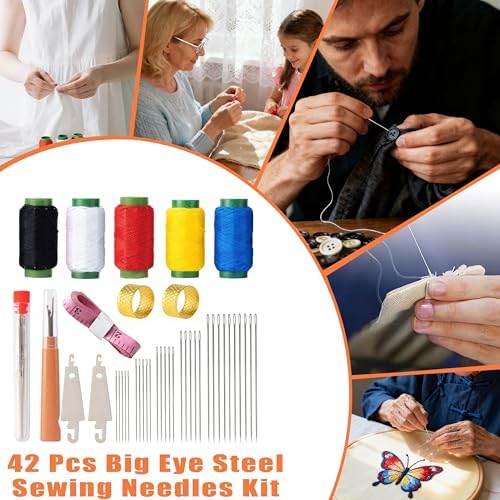 42 Pcs Sewing Tool Set, Big Eye Steel Sewing Needle Kit, Includes Needles, Threader, Ripper, Tape Measure & More, Complete Hand Sewing Set for Beginners, Craft Enthusiasts & Daily Use