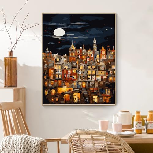 PRASIO Paint by Numbers Kit for Adults Beginner, Moonlight House Adult Paint by Number Kits, DIY Acrylic Paint by Numbers Kit for Adults Canvas for Home Decor Gift 16x20 Inch