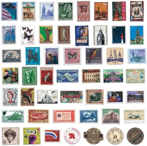 Vintage Travel Postage Stamp Stickers - World Landmarks USA Australia Brazil Waterproof Vinyl Stickers for Journal Planner Laptop Scrapbooking