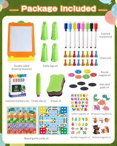 Elovien Easel for Kids, 4 in 1 Double Sided Toddler Art Easel with Chalkboard & Magnetic Whiteboard, Foldable Tabletop Easel with Drawing & Writing Accessories - Educational Gift for Boy Girl (Orange)