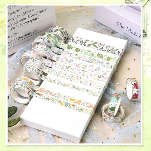 Washi Tape Set, Floral Washi Stickers, 12 Rolls Assorted Sizes, for Junk Journal Scrapbook Tape, Bullet Journaling Scrapbooking Supplies, Planner Sticker DIY Craft DéCor (Green)
