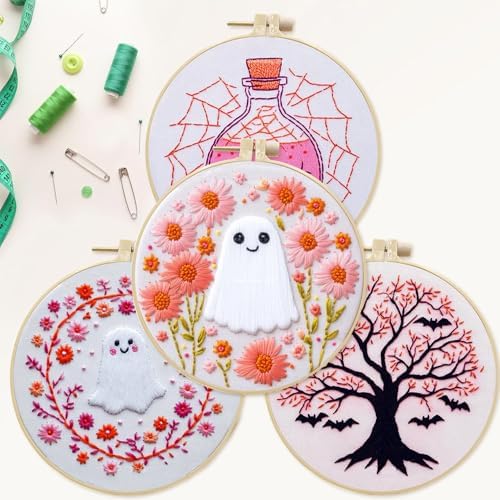 SCECALA 4 Pack Pink Halloween Embroidery Kit for Beginners