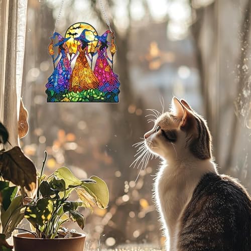 CRZMODE Witch Diamond Art Hanging Kit for Adults, Witch Pendant Diamonds Painting Art Kit, Special Crystal Diamond Art Painting Pendant Ornament, Craft Gift for Women Home Window Decor