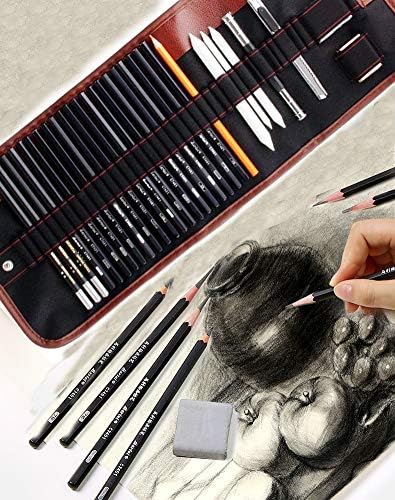 Sketching Pencil Set,18pcs of Pen Charcoal Sketch Set of Pencils Eraser Craft Knife Pencil Extender Roll up Canvas Carry Pouch Pro Art Supply for Beginners Artist