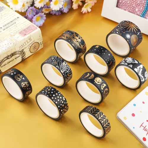 9 Rolls Mystic Gold Washi Tape Set,Gold Foil Vintage Black Pattern Decorative Tape,Butterfly Star Moon Decorative Masking Tapes for DIY Scrapbook Design Journaling Handbook Making Card Wrap Craft Gift