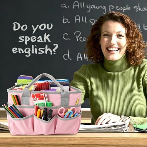 Teacher Handle Tote Bag Organizer ,Tote Bag Organization for Crafts,Art,Paper,Books ,School,Sewing,Travel with Handles,Ofiice Supplies StorageTote Bag Organization for Crafts,Art,Paper,Books (Pink)