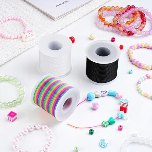 Stretchy Bracelet String Kit with Scissors & Beading Needle, 2 Rolls Elastic String for DIY Crafts, 1mm Stretchy Cord for Jewelry Making Sewing Necklace Beading, 330FT, (Black, White)