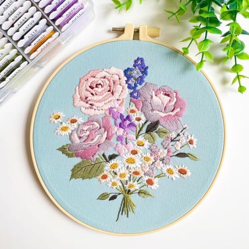 Silentsea Embroidery Kit, Floral and Nature Designs, 3-Pack with Hoops, Needlework Pattern Set (Flower-2)