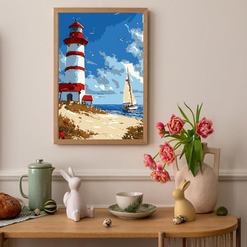Auremi Lighthouse Paint by Number Kits for Adults,Landscape Paint by Number on Canvas with Frame DIY Painting with Number Acrylic Oil Paint Kits for Home Decor 8x12 Inch