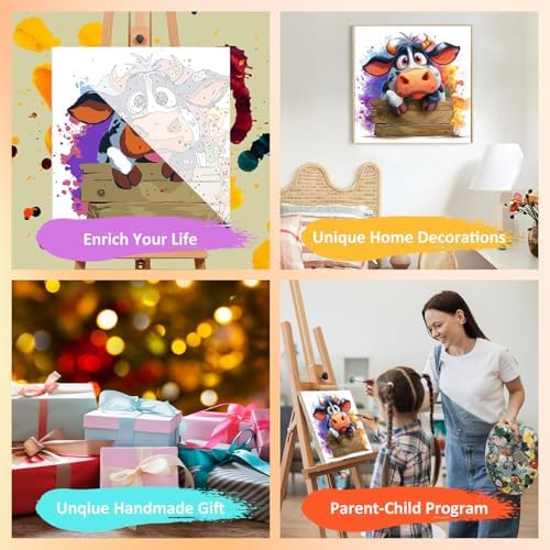 Cow Paint by Numbers Kit for Kids, 8x8 inch