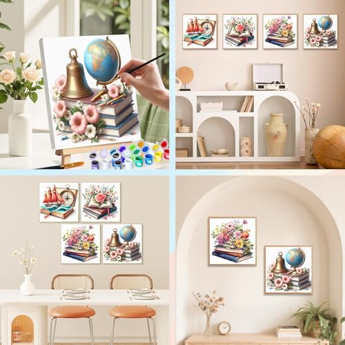 Camocin 4 Pack Framed Paint by Numbers Kit for Adults with Wooden Easel | Book Lover Artwork, DIY Canvas Painting Set, Reading Room Wall Decor, Literary Aesthetic, Beginner Friendly, 10x10 Inch