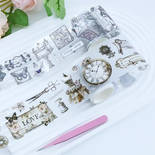PET Tape Stickers for Journaling with Tweezers, Aesthetic Dreamy Smoke Ribbon Scrapbooking, Waterproof Transparent Washi Tape Stickers Gold Foil Decorative Decals for DIY Planner Crafts (3Pcs)