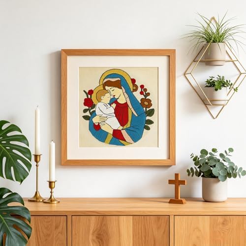 Christian Embroidery Kit for Beginners Adults, Virgin Mary Easy Cross Stitch Kit Jesus and The Holy Mother Mary Pattern Embroidery Starter Kits with Wooden Hoop Needles Threads and Instruction
