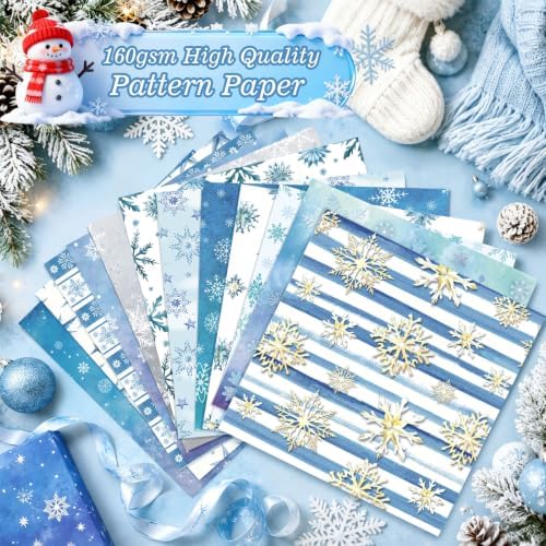 Konsait 24 sheets Winter Scrapbook Paper 12x12, Double Sided Blue Snowflake Patterned Paper Christmas Cardstock Snowflake Winter Origami Papers for DIY Crafts Card Making Scrapbook Supplies