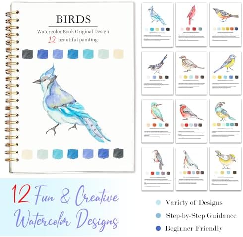 Easy Watercolor Workbook for Beginners - 12 Beautiful Step-by-Step Paintings Water Coloring Book, Includes 16 Colors Paints, Relaxing Art Projects and Creative Gift for Adults & Teen (Birds)