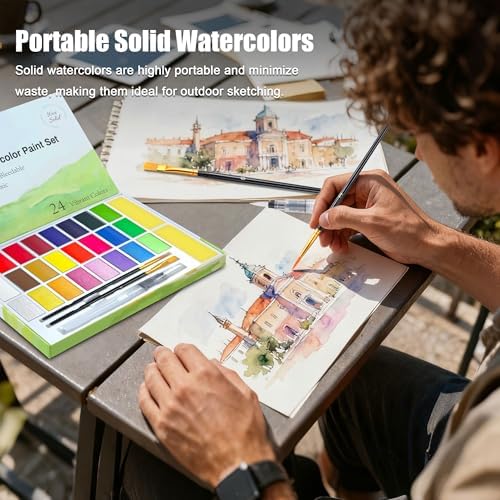 24 Colors Large Block Watercolor Paint Set for Watercolors Workbook, Portable Water Colors Paint Kit with 2 Paintbrushes 1 Waterbrush, for Adult Painting Beginners & Professional Amateur Hobbyists