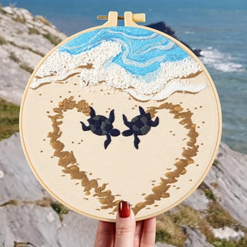 Crafmanoe Beach Embroidery Kits for Beginners Adults, Coastal Stamped Cross Stitch Kits for Beginners Adults, Hand Embroidery Needlepoint Starter Kits, Valentine's Day Gift for Women (Video Tutorial)
