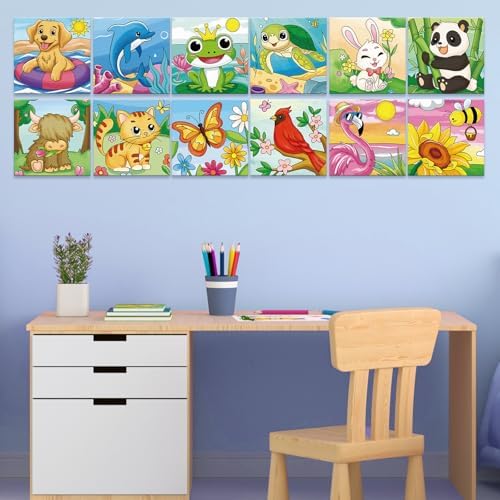 Anseal 12 Packs Pre Drawn Canvas to Paint, 4" X 4" Animal Pre-Printed Canvas Paint Party, Stretched Outline Painting Boards for Beginners, Party Favor