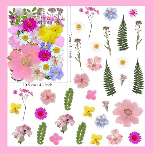 MIKIYA 33Pcs Pink Pressed Dried Flowers for Resin, Real Natural Bulk Assorted Dry Floral Leaves for DIY Art Crafts, Epoxy Molds, Jewelry, Soap, Candle Making, Nails Decors