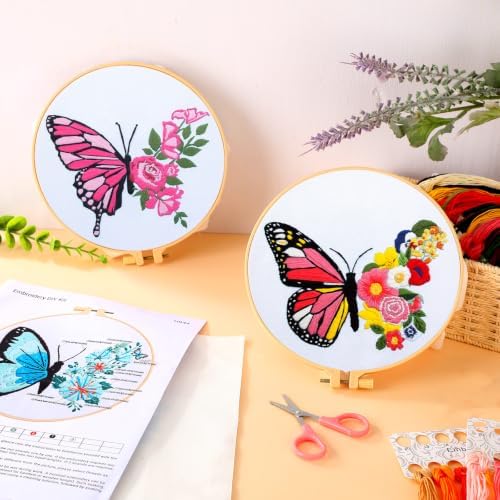 Riceshoot 8 Set Butterfly Floral Embroidery Kit for Beginner Adults Butterfly Embroidery Cross Stitch DIY Craft Needlepoint Pack Kits with Pattern Instruction Cloth Hoops Thread Needle Scissors