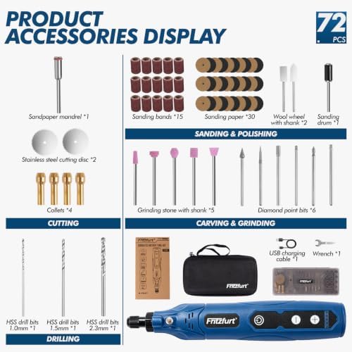Cordless Rotary Tool Kit, 5-Speed USB Charging Rotary Tool with light & 72 Accessories, 3.7V 2000mAh Rechargeable, for Sanding, Polishing, Drilling, Etching, Engraving, DIY Crafts