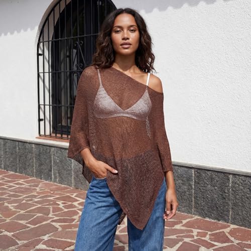Womens Sheer Poncho Tops Lightweight Knitted Shrug Crochet Mesh Cover Up Summer Beach Shawl