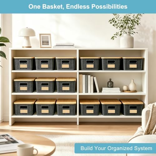 Bagnizer Small Plastic Storage Bins with Bamboo Lids 5.2qt Stackable Box Basket Pantry Decorative Containers Cute with Lable for Organizing Desktop Closet Office Gray of 6 packs 10 * 7.2 * 4.1"