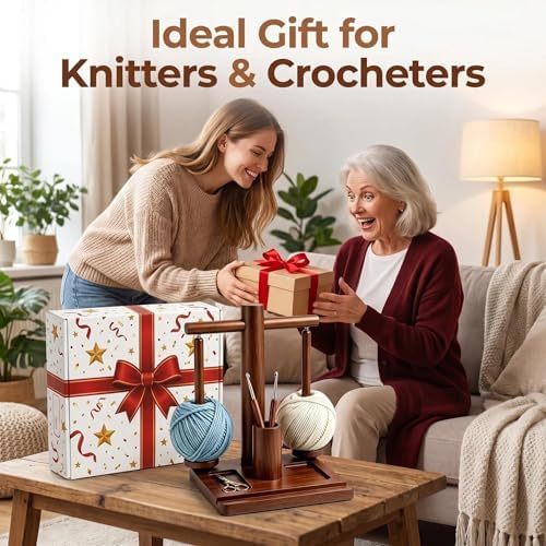 Wooden Yarn Holder for Crocheting & Knitting - Upgraded Magnetic Rotating Dual Spindle Yarn Spinner with Phone Stand & Hook Storage - Tangle Yarn Dispenser, Perfect Gift for Knitters & Crafters